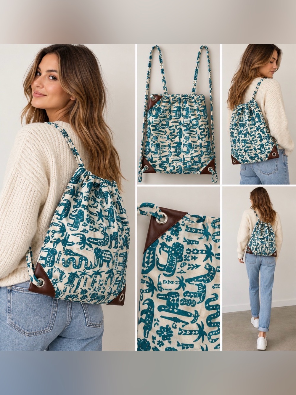 Aphorism Vintage Teal Printed Mini Backpack Boho Retro Statement Bag